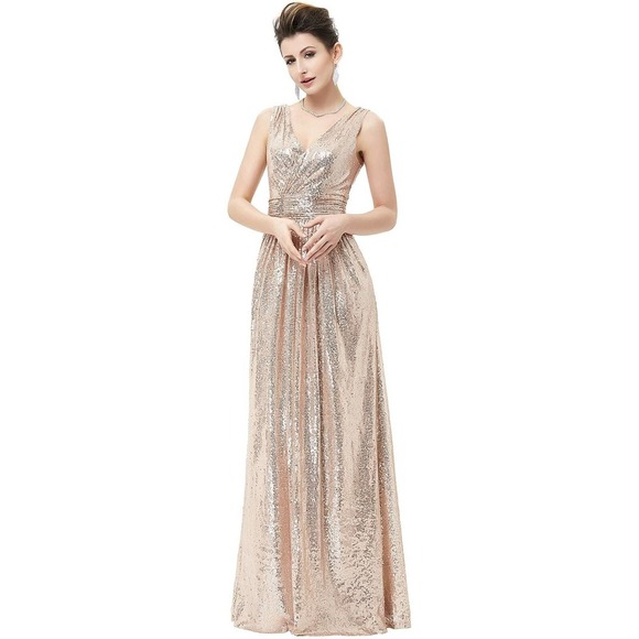 NWT Kate Kasin Rose Gold Sequin Bridesmaid Formal Prom Evening Dress - Picture 1 of 12